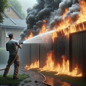 Neighbor extinguishes burning fence.