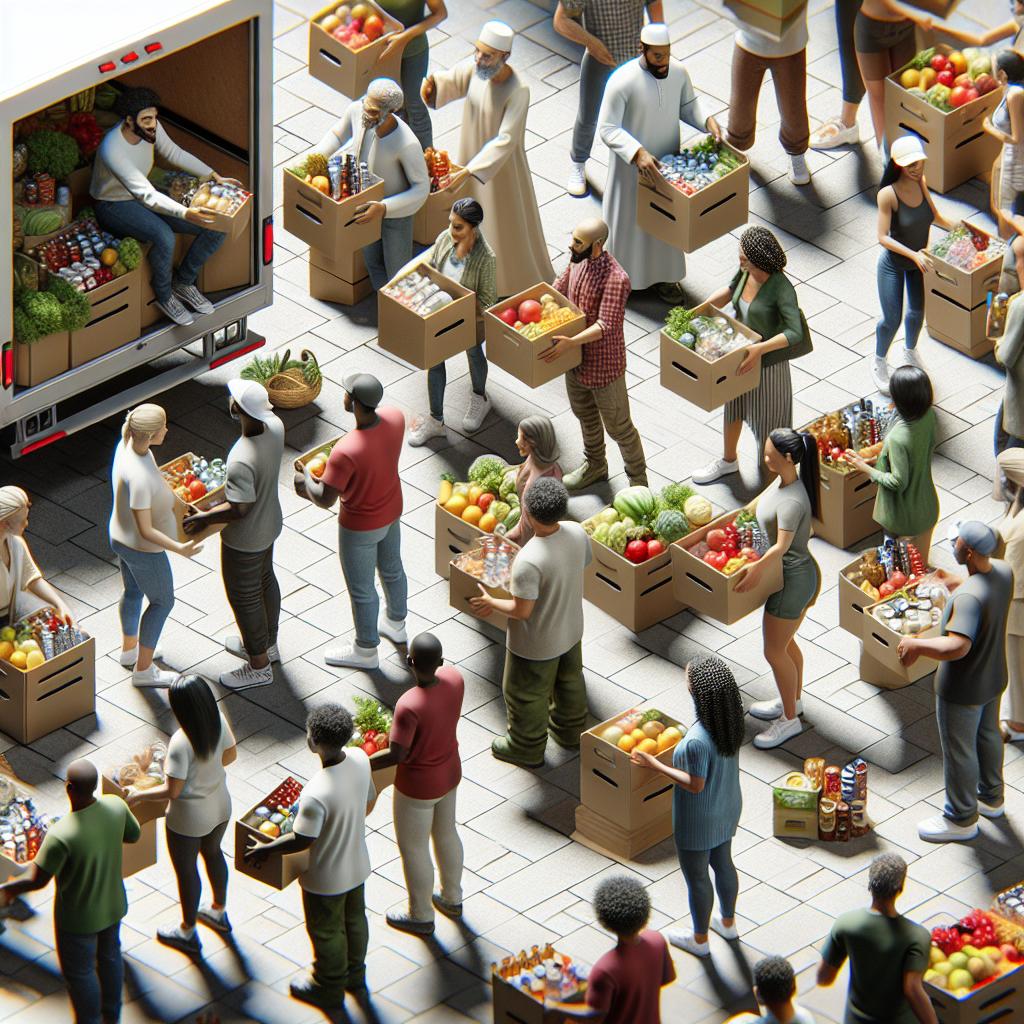 People receiving groceries outdoors.