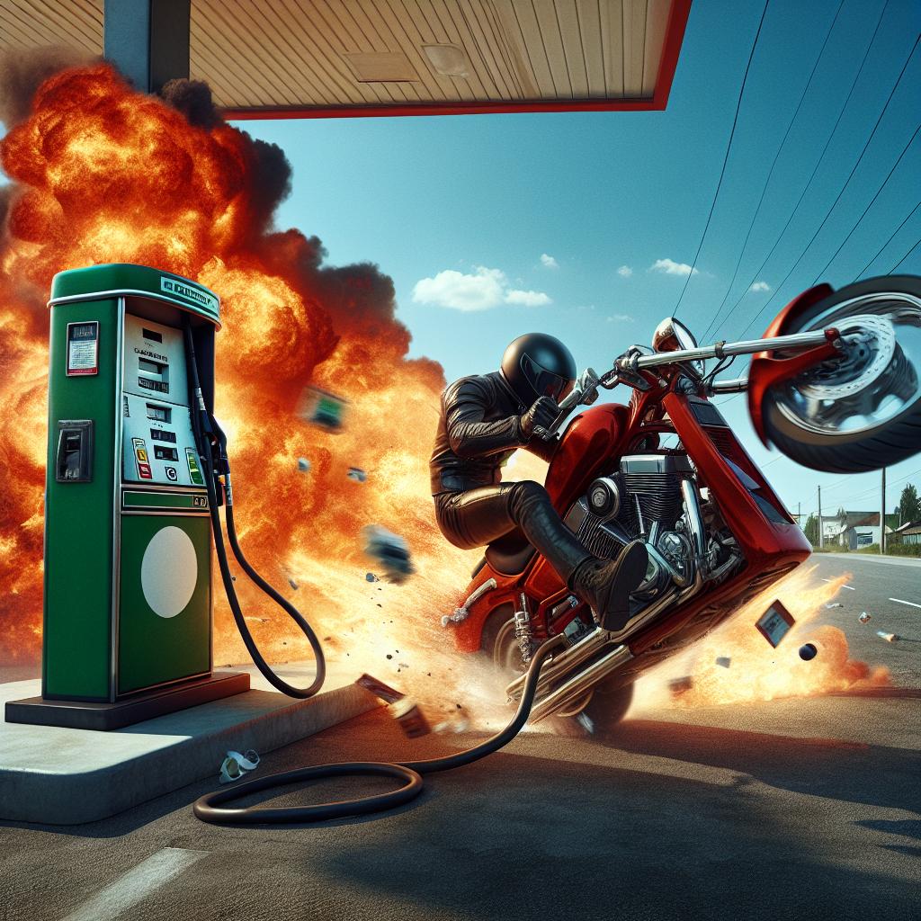 Motorcycle hitting gas pump.