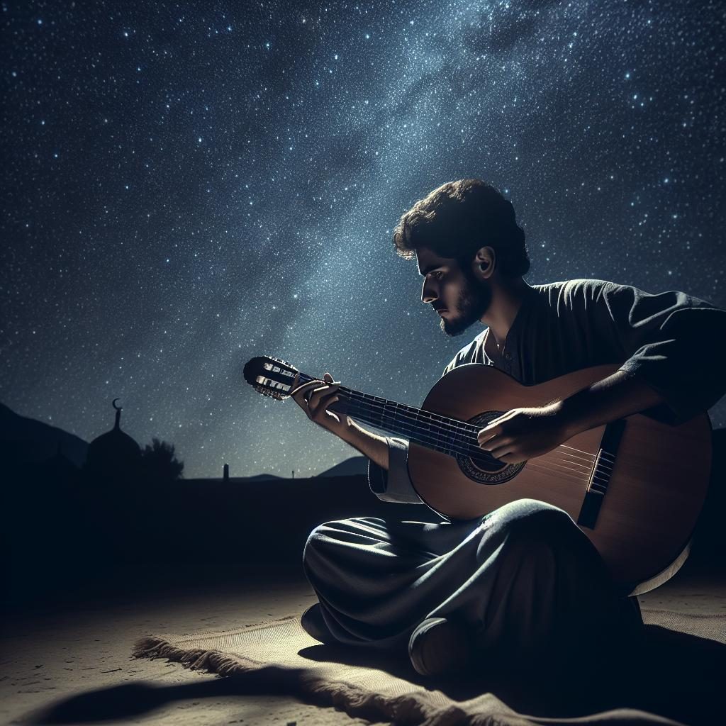 Guitarist under starry sky.