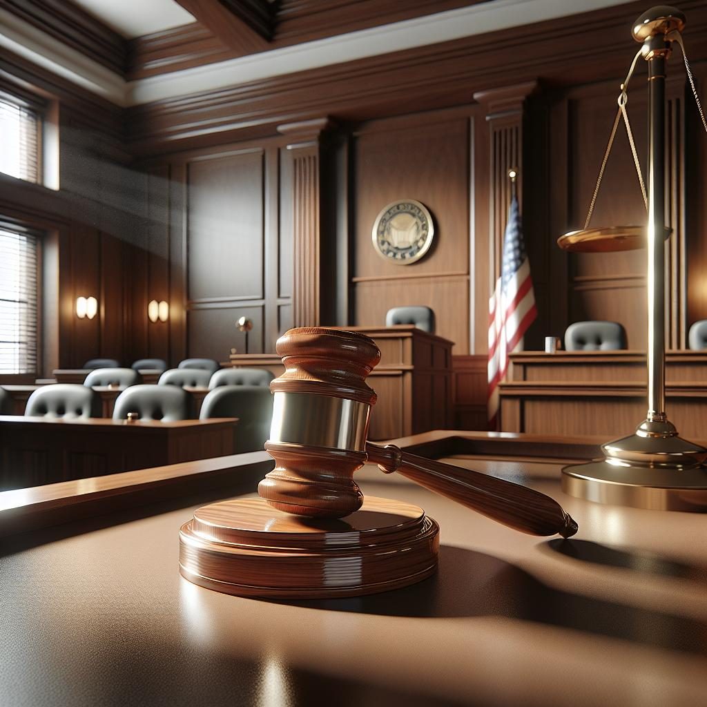 Gavel in courtroom scene.