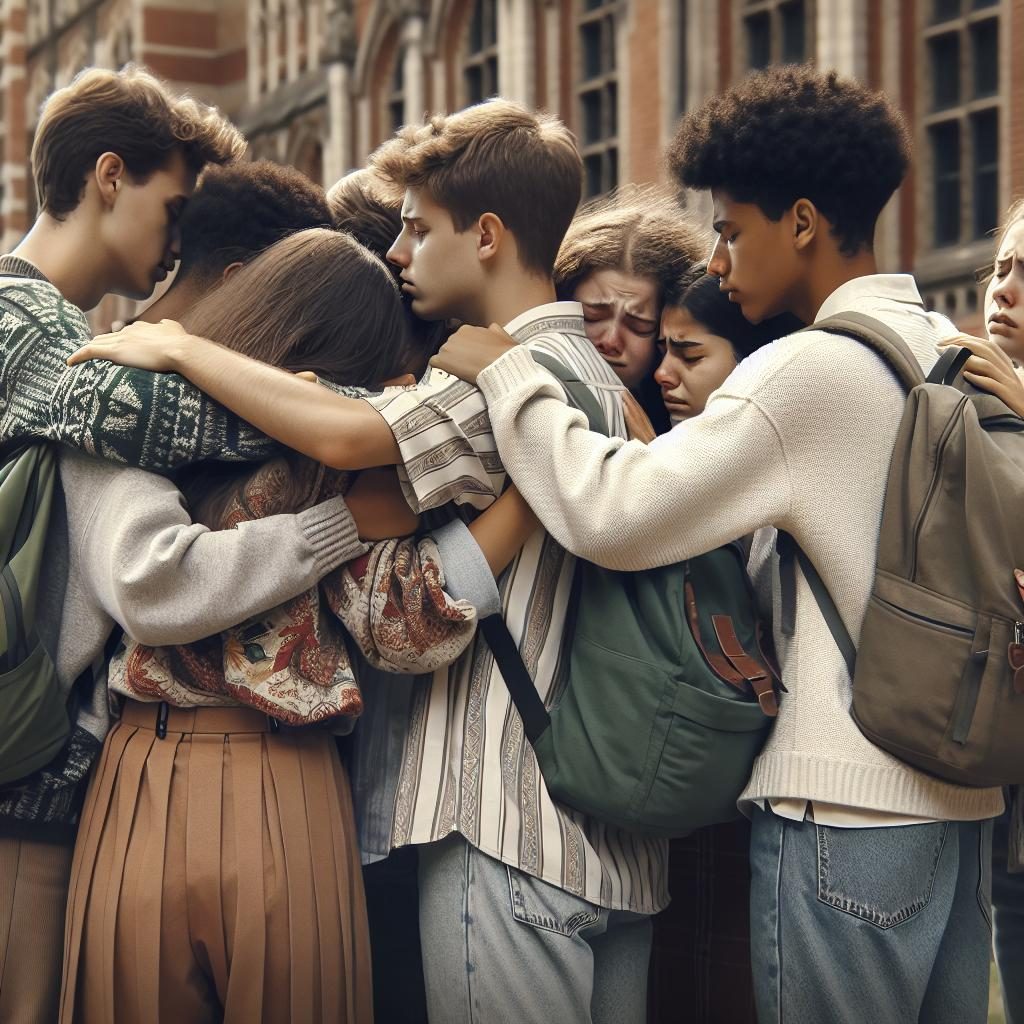 Grieving students hugging outside