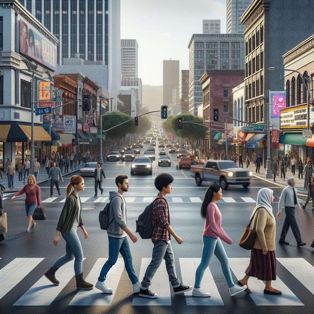 Pedestrian crossing busy urban street