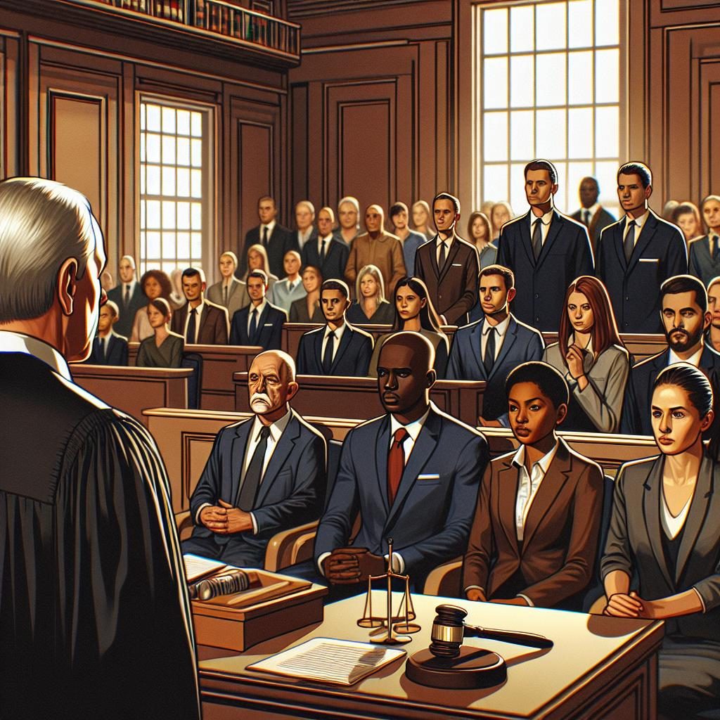 Courtroom sentencing scene illustration.