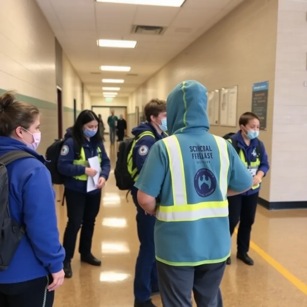 School emergency response team preparing for safety drills.