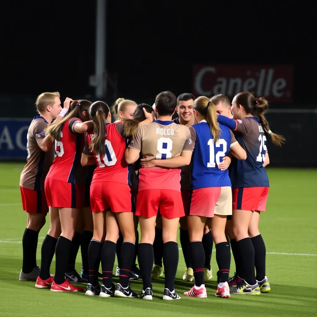 Unity in teamwork: players celebrating in a huddle.