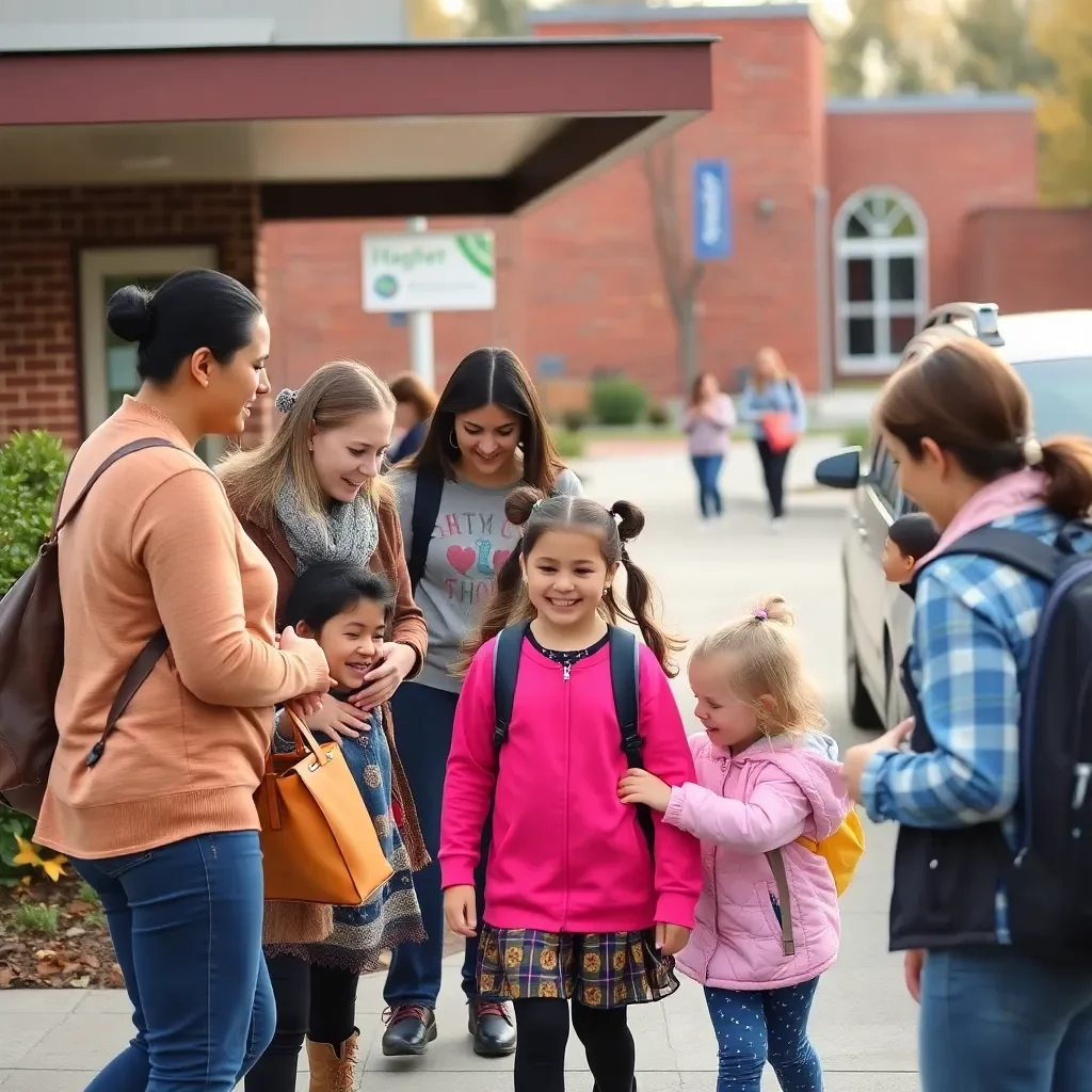 A peaceful school drop-off with parents and children interacting.