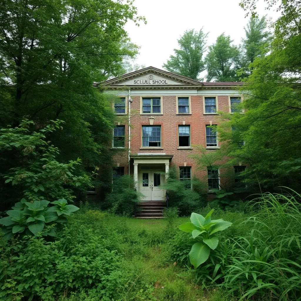 Abandoned school building surrounded by overgrown vegetation.