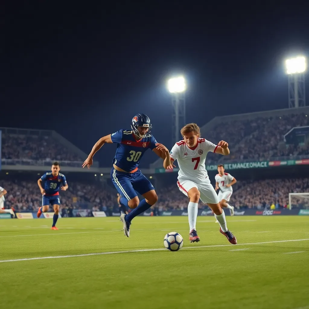 Dynamic football action under stadium lights.