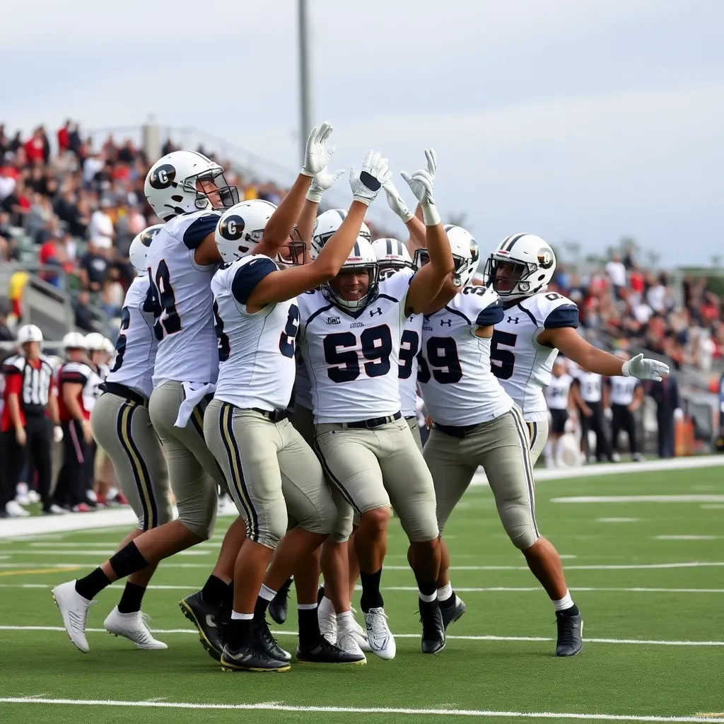 Football team celebrating a winning touchdown on field.