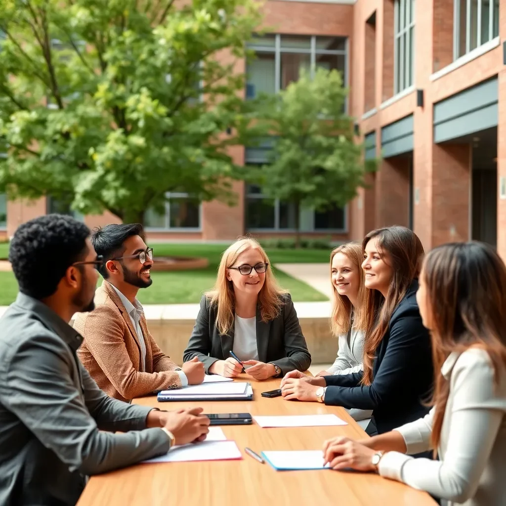 University campus with diverse professionals collaborating in leadership meeting.