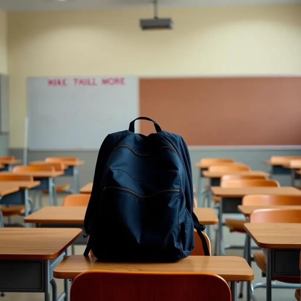 Classroom with empty desks and a closed backpack.