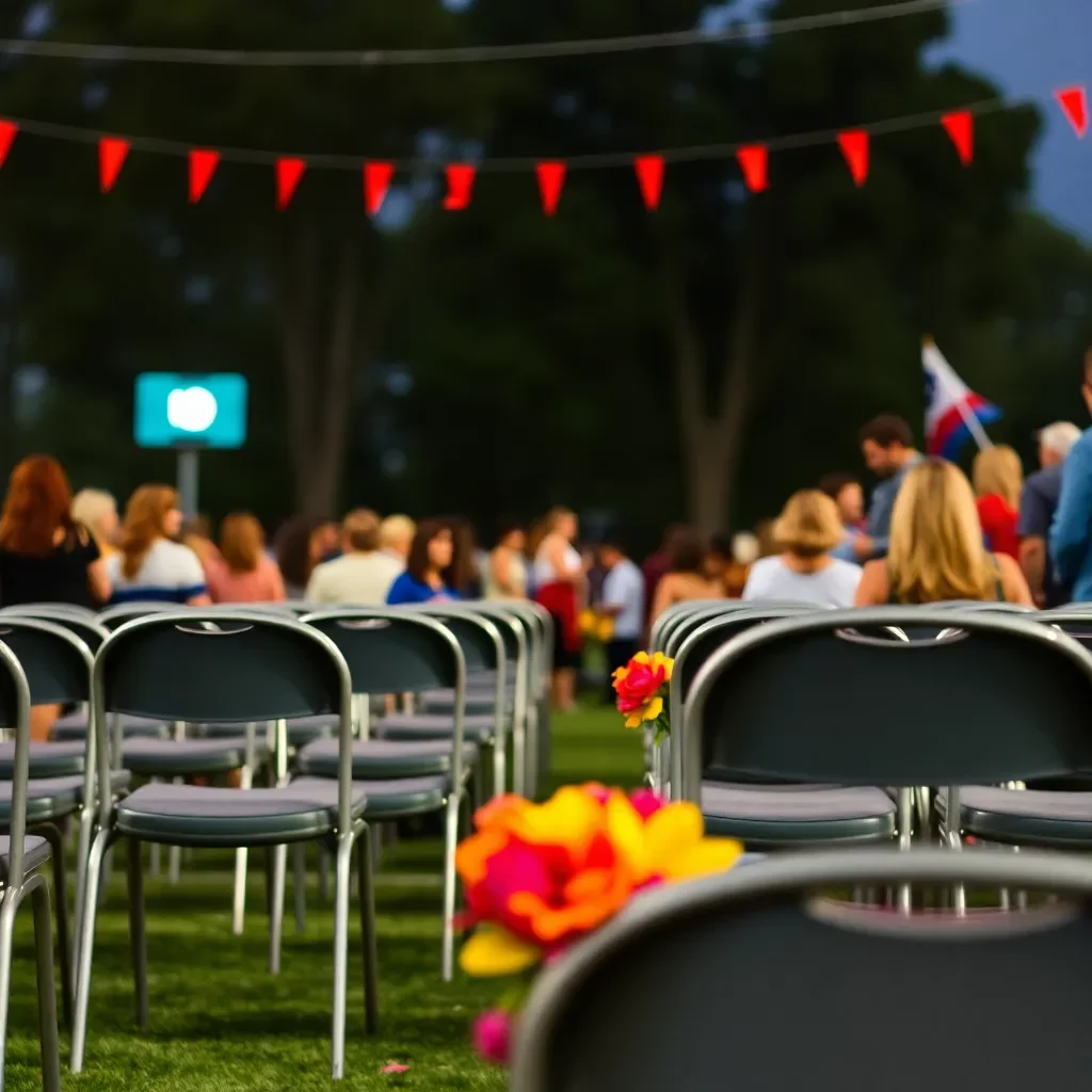 Vibrant homecoming celebration with empty chairs and flowers.