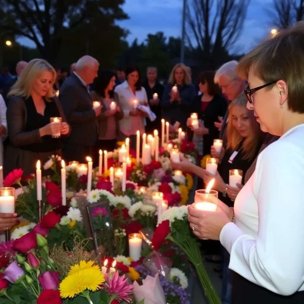 Community vigil with candles and flowers in remembrance.