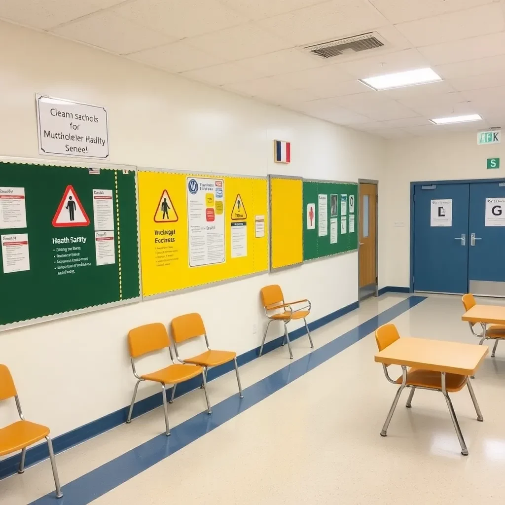 Clean school environment with health safety signs displayed.