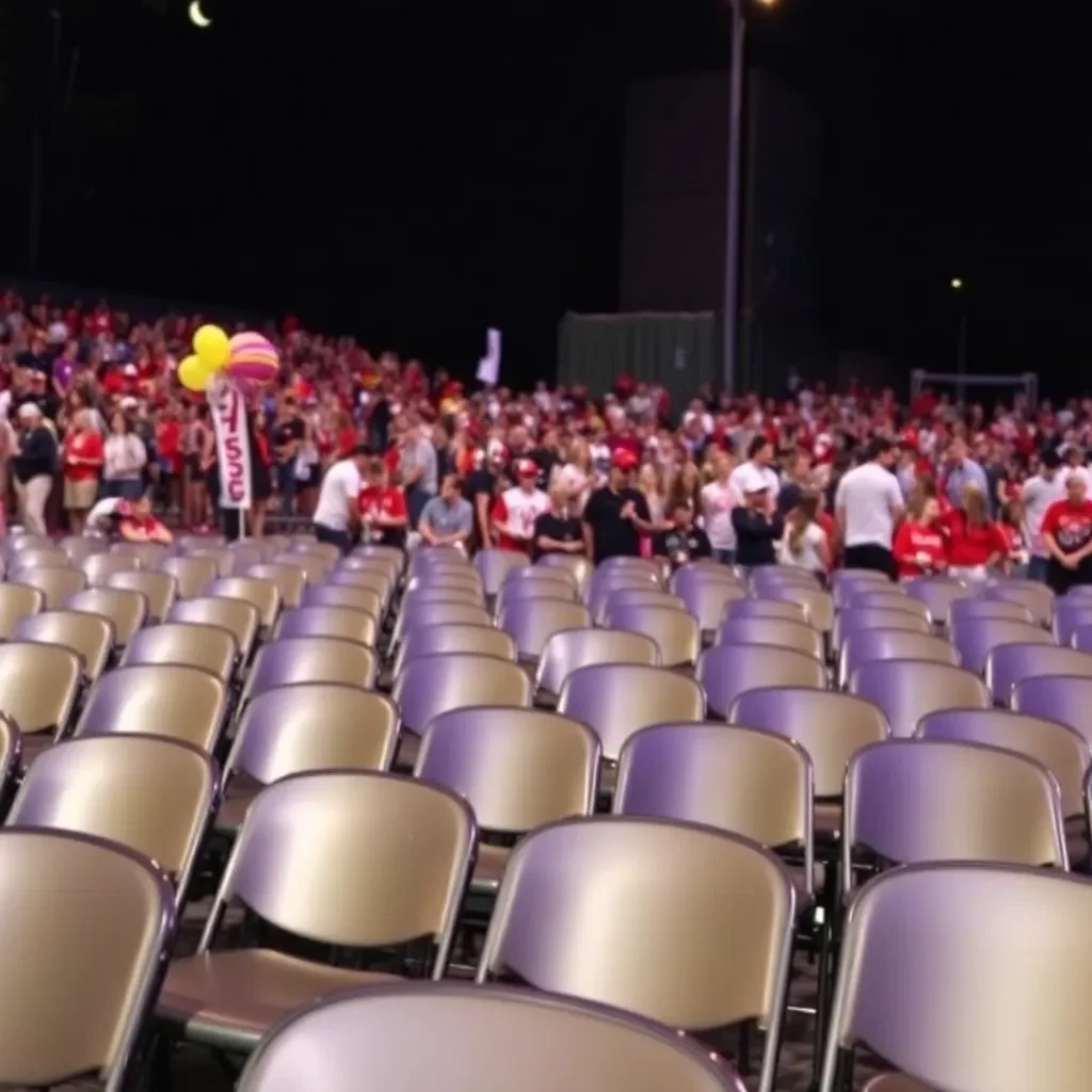 Empty chairs in a vibrant homecoming celebration setting.