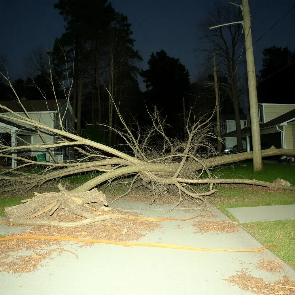 Desolate neighborhood with fallen trees and debris.