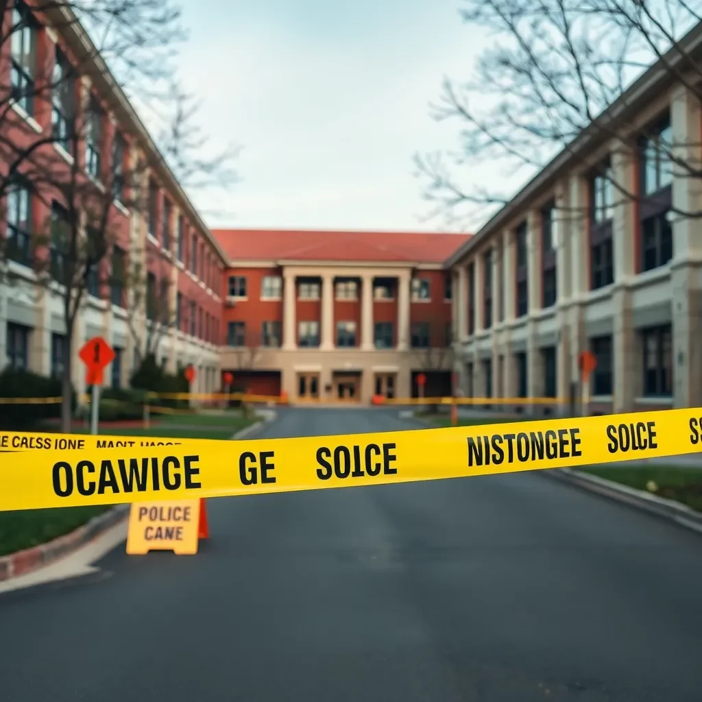 Empty campus with police tape and caution signs.