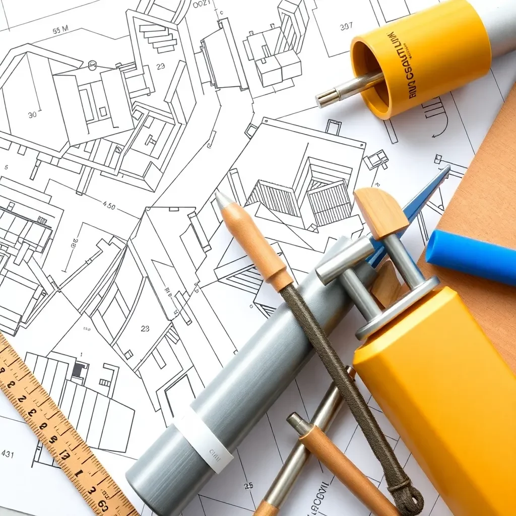 Blueprints and construction tools for educational facility improvement.