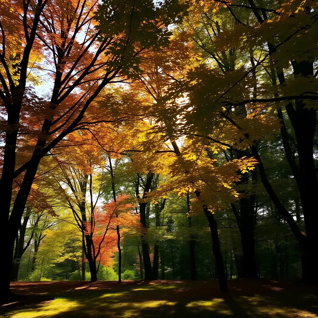 Renewed nature with vibrant trees and sunlight shining through.