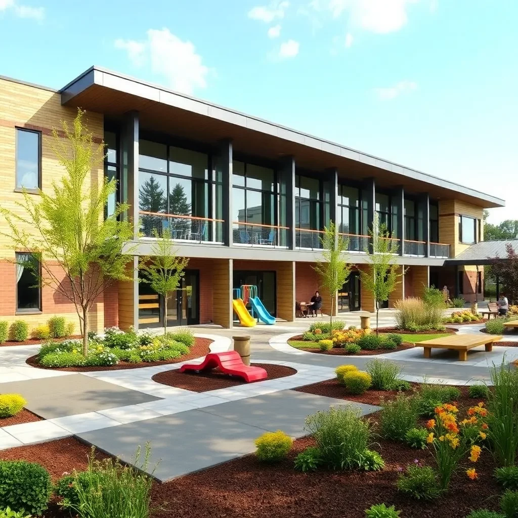 New school building with vibrant playground and garden.