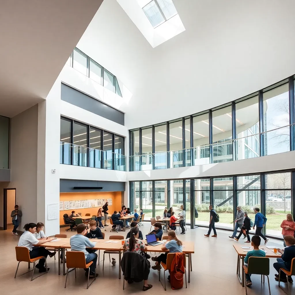 Modern school building with students engaging in learning.