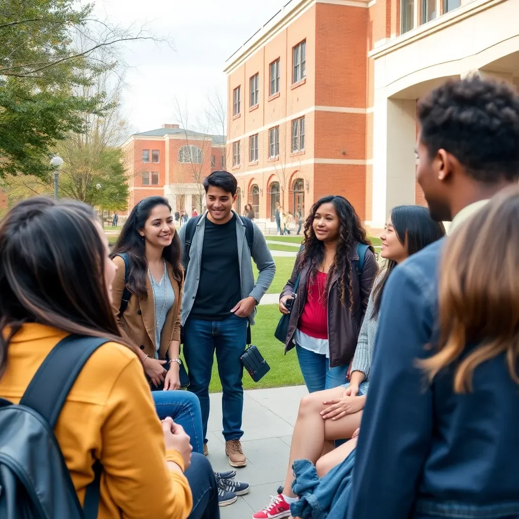 University campus with diverse students in discussion circle.