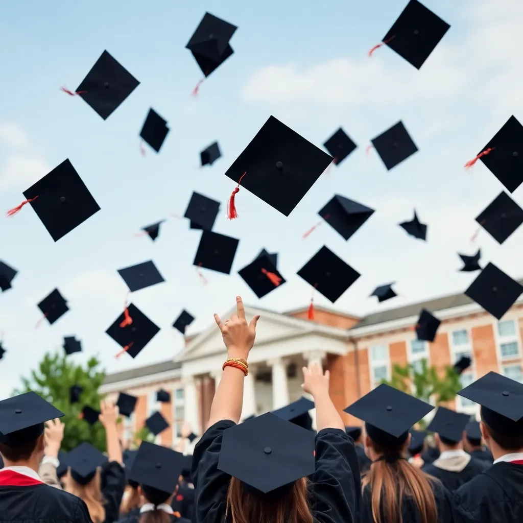 Graduation caps soaring in celebration at a university campus