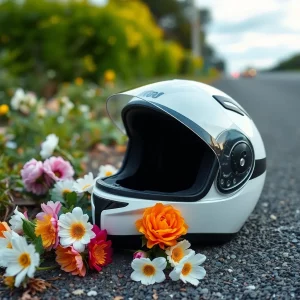 Empty motorcycle helmet resting on roadside memorial flowers.