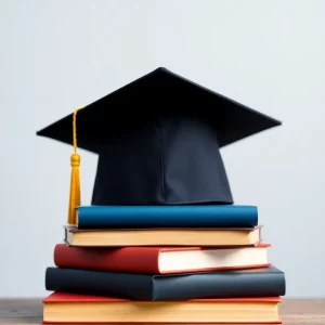 A graduation cap above a stack of books.