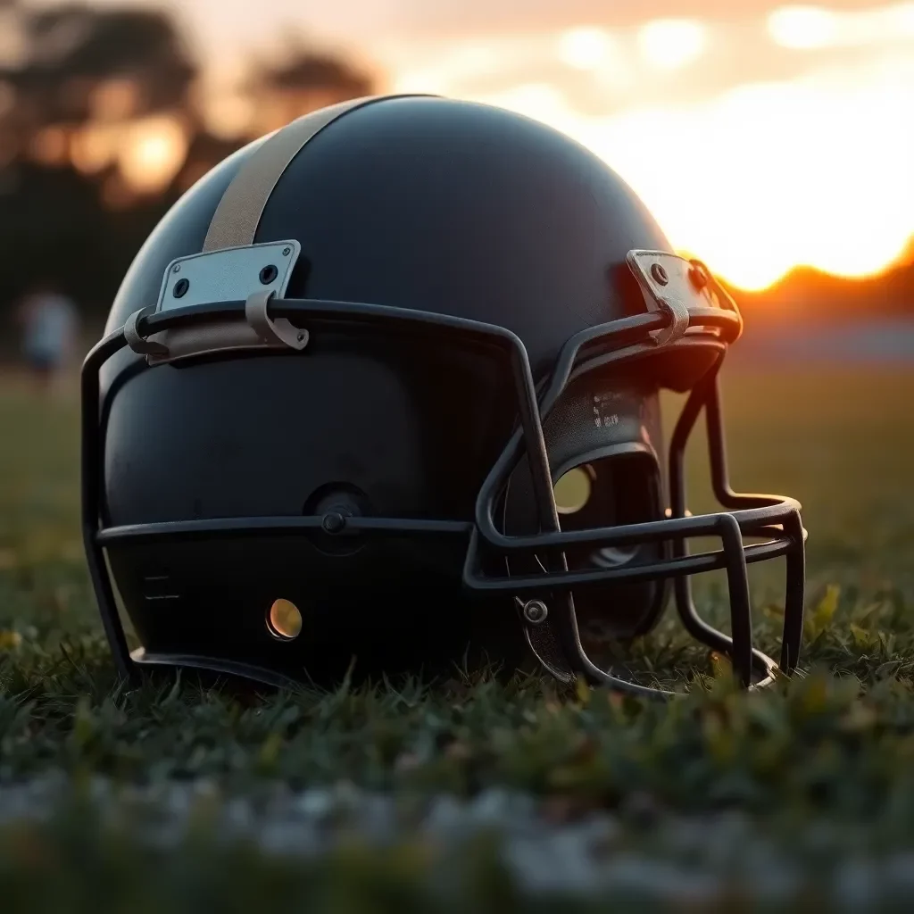 Vintage football helmet on a field at sunset.