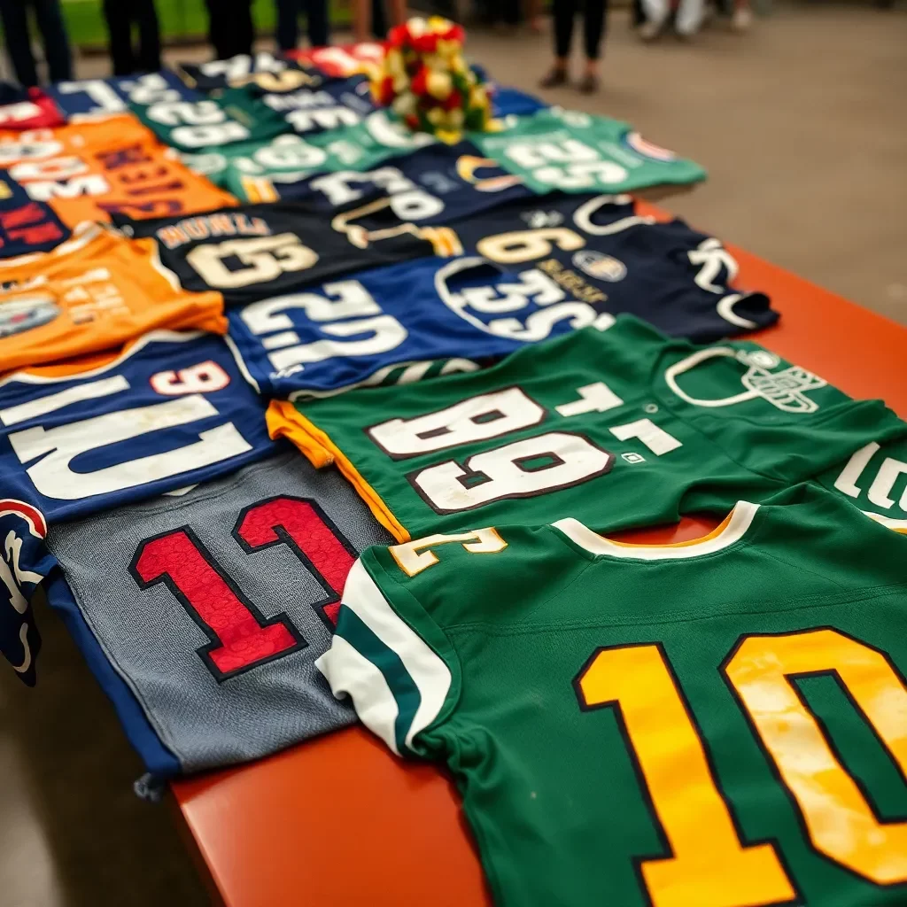 Faded football jerseys laid out on a memorial table.