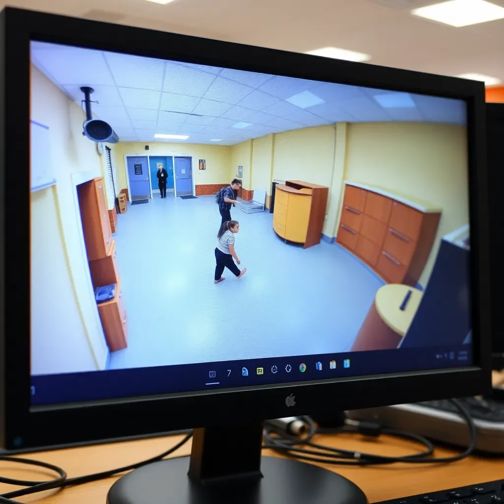 School surveillance footage being monitored on a computer screen.