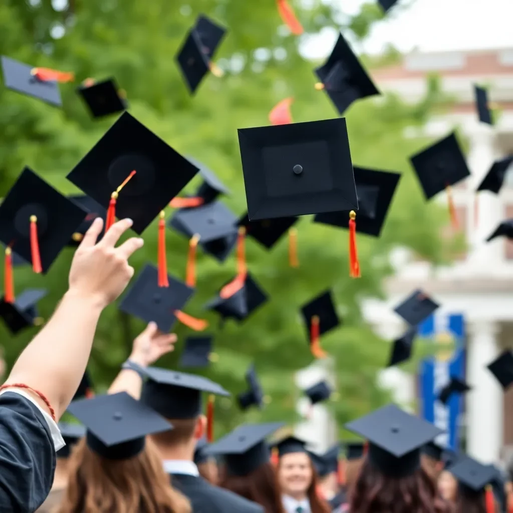 Graduation caps flying in celebration on campus.