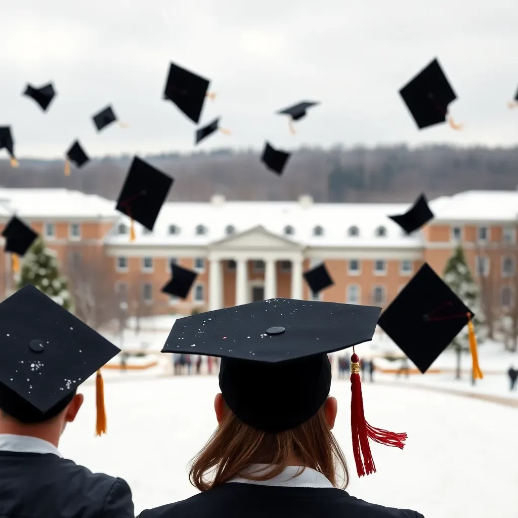 Graduation caps soaring against a snowy campus backdrop.