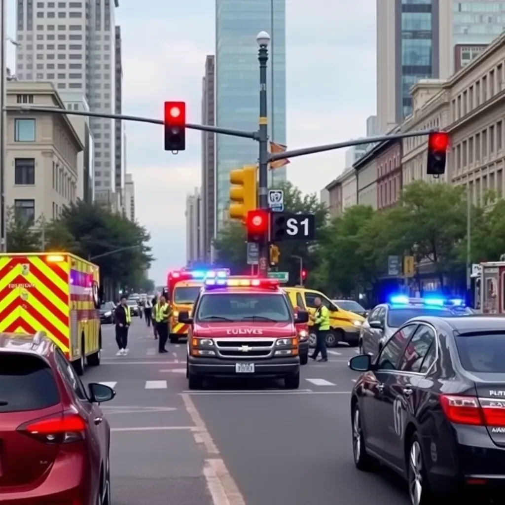 Emergency response at a bustling city intersection.