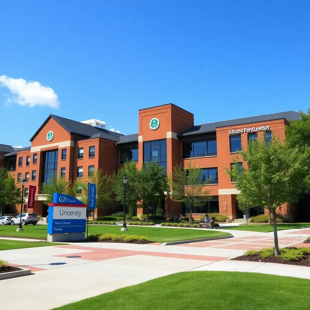 University campus with new real estate developments and signage.