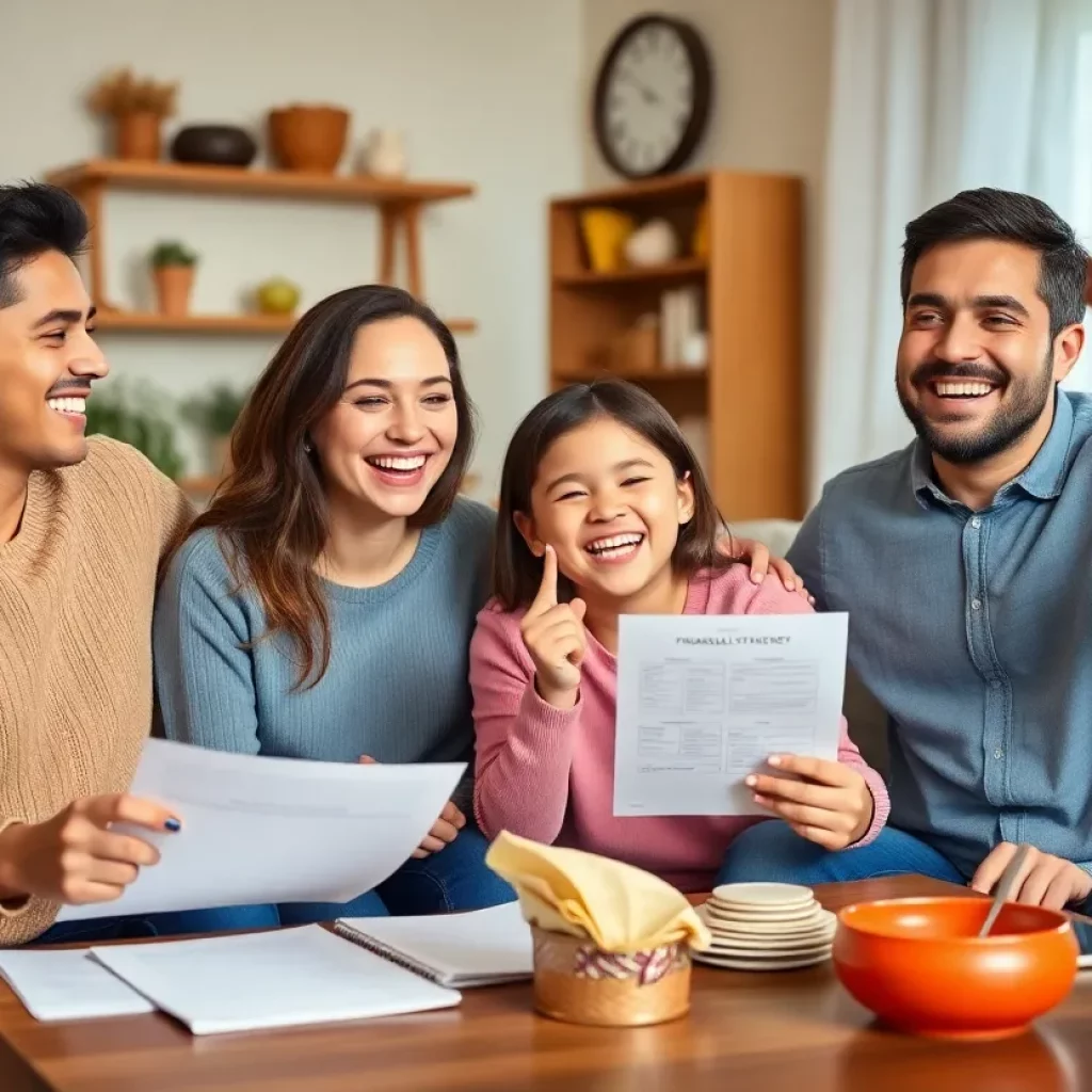 Family celebrating financial success at home