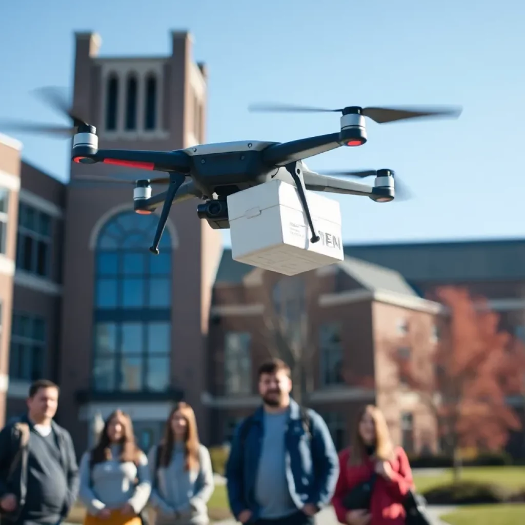 Drone delivering medical supplies over UAH campus