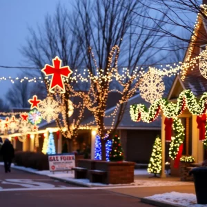 A winter scene showcasing holiday festivities and lights in North Alabama