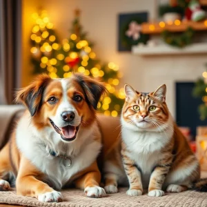 Happy dog and cat fostering in a cozy home during New Year celebrations.