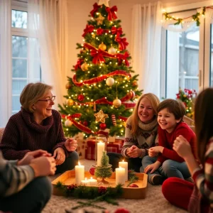 Family enjoying a holiday gathering with laughter and decorations