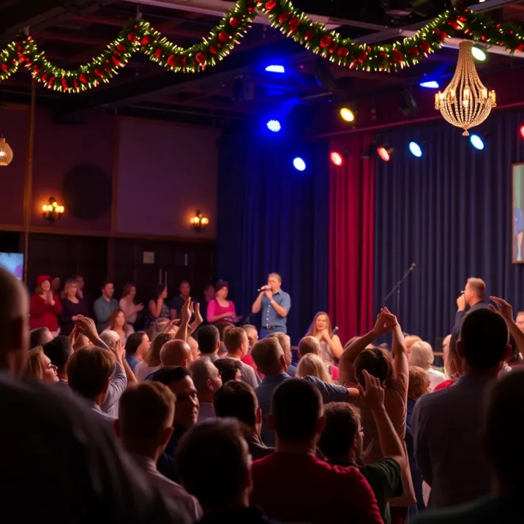 Comedian performing on stage in a festive setting