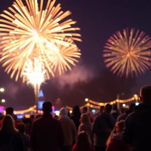 Families celebrating New Year's Eve in Huntsville with fireworks in the background