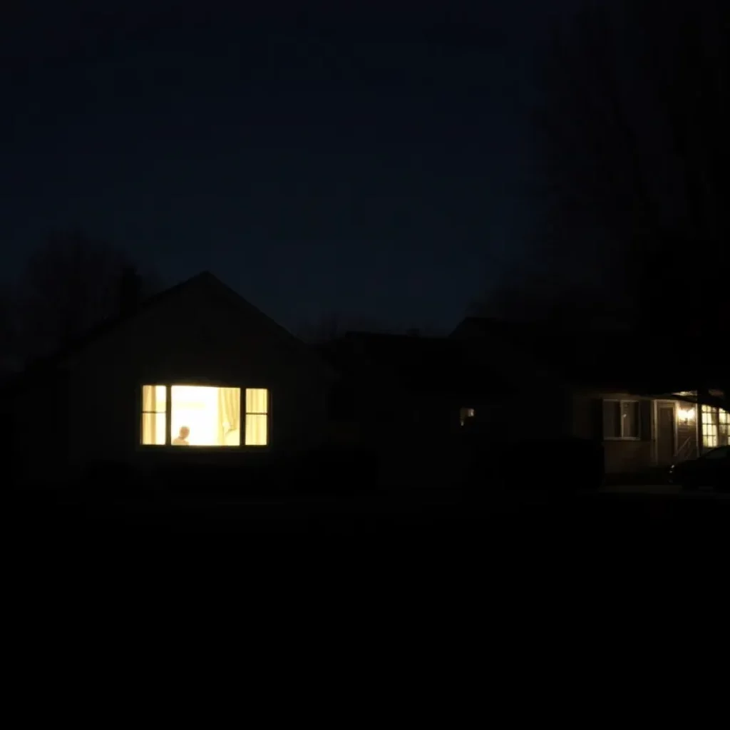 Suburban neighborhood at night with illuminated children's bedroom window