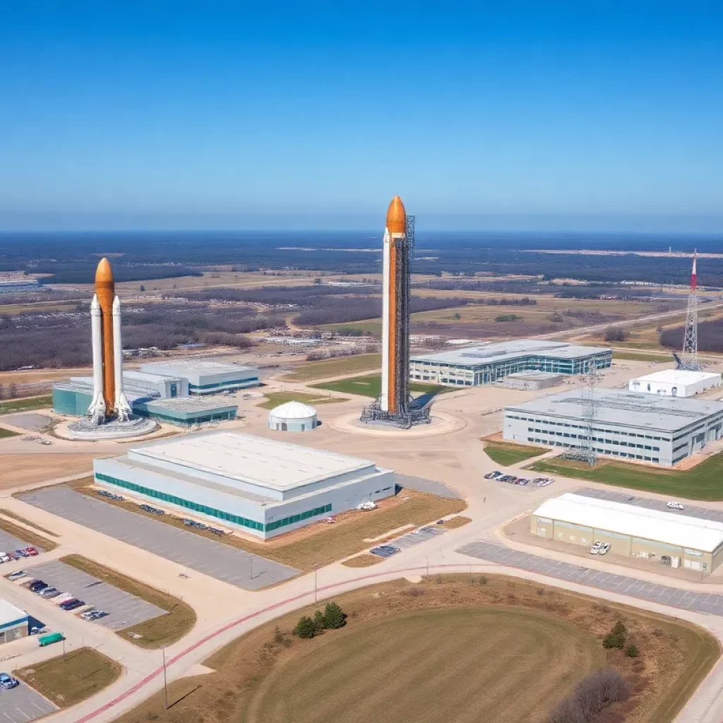 Aerial view of Marshall Space Flight Center in Huntsville, Alabama, involved in NASA's Artemis program.