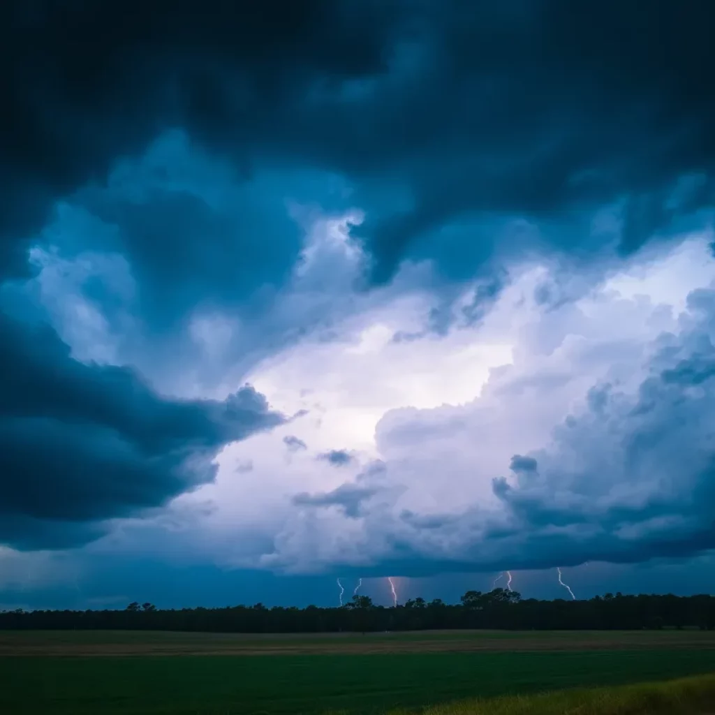 Dark storm clouds over Alabama countryside indicating severe weather.