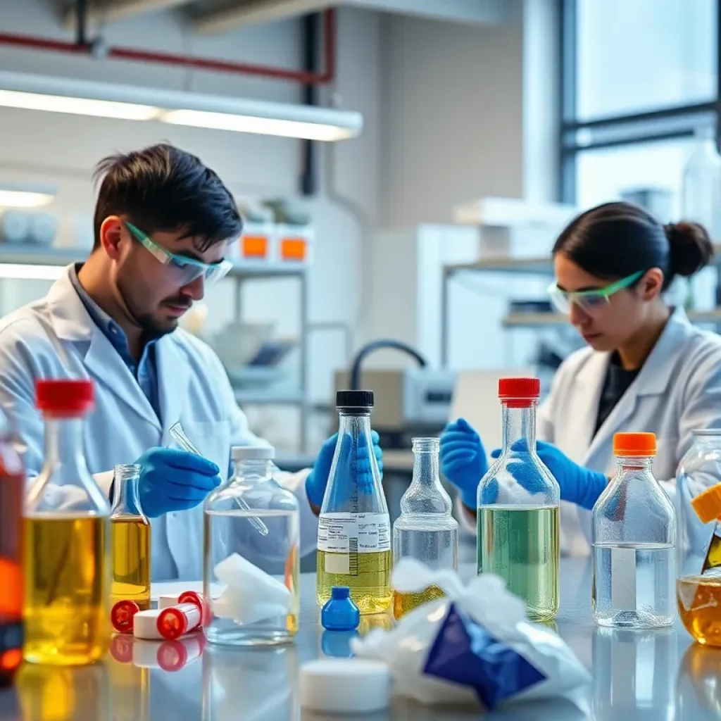 Laboratory scene showcasing researchers working on plastic recycling processes.