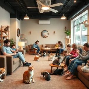 Families enjoying a cozy time at Cattyshack Lounge with adorable cats.