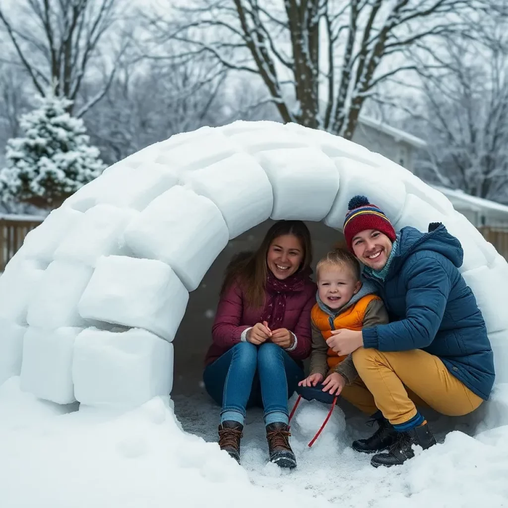 Family constructing an igloo on a snowy day in Huntsville, Alabama